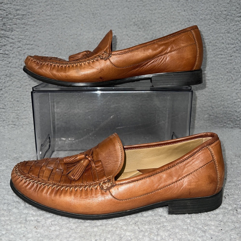Johnston & Murphy Loafers Mens 10M Tan Leather Slip On Sheepskin Shoes Tassle